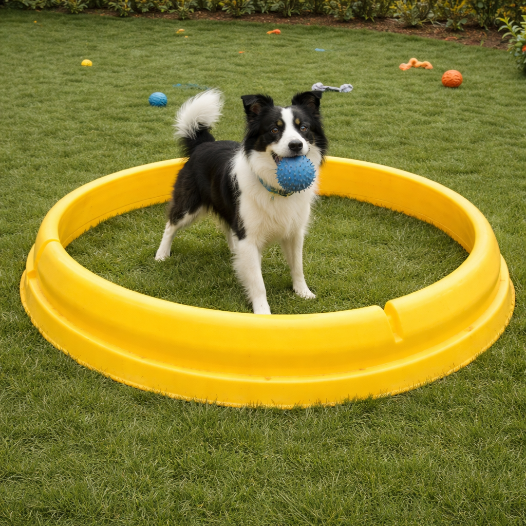 Dog playing with a blue ball inside a yellow playpen on grass