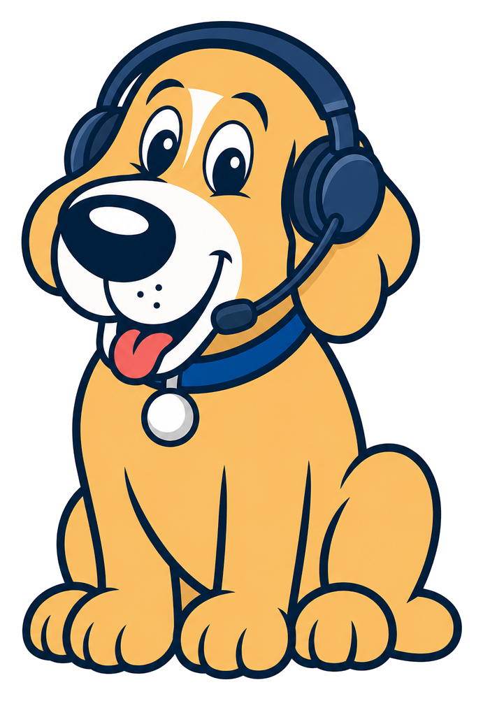 Archy, Puppy Playground mascot wearing a support headset