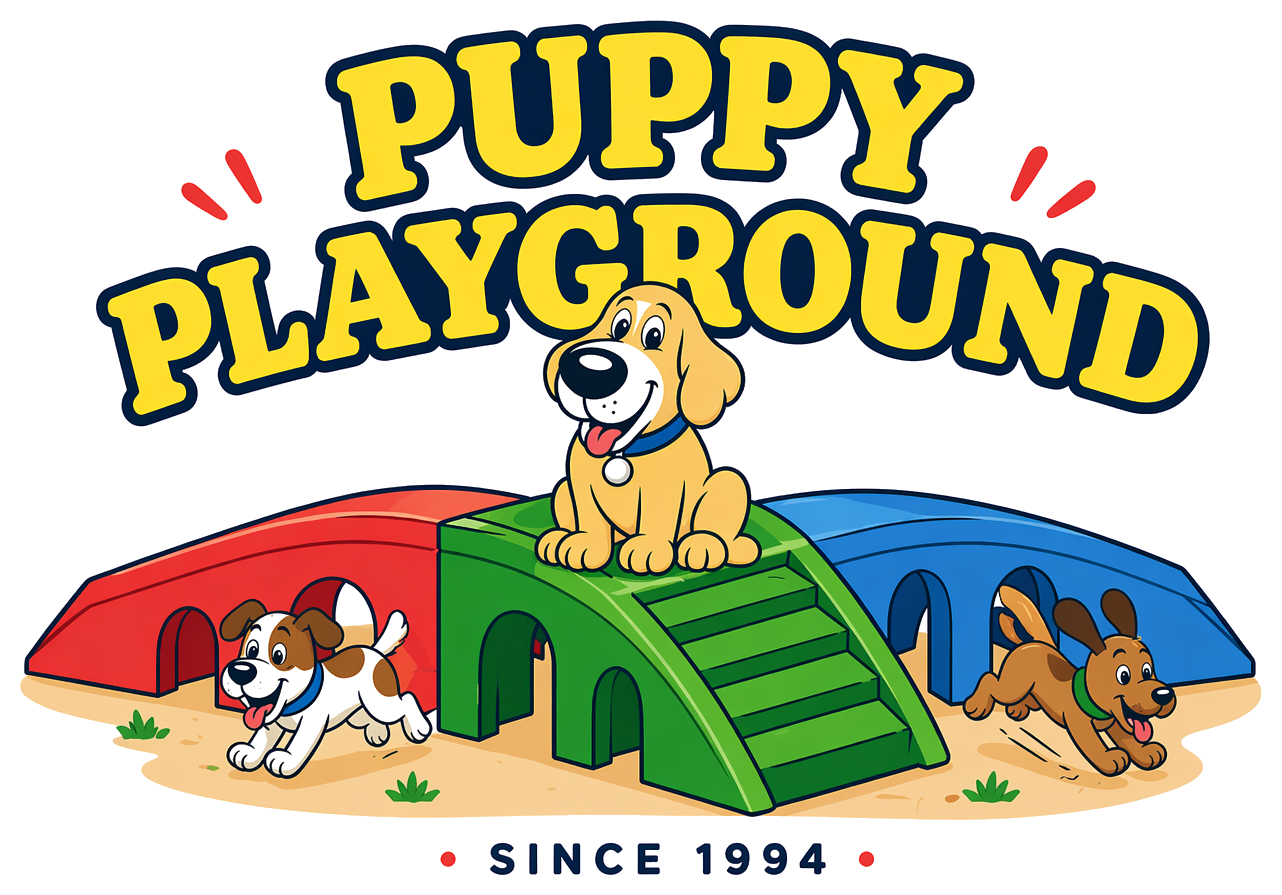 Puppy Playground hero logo with mascot and equipment