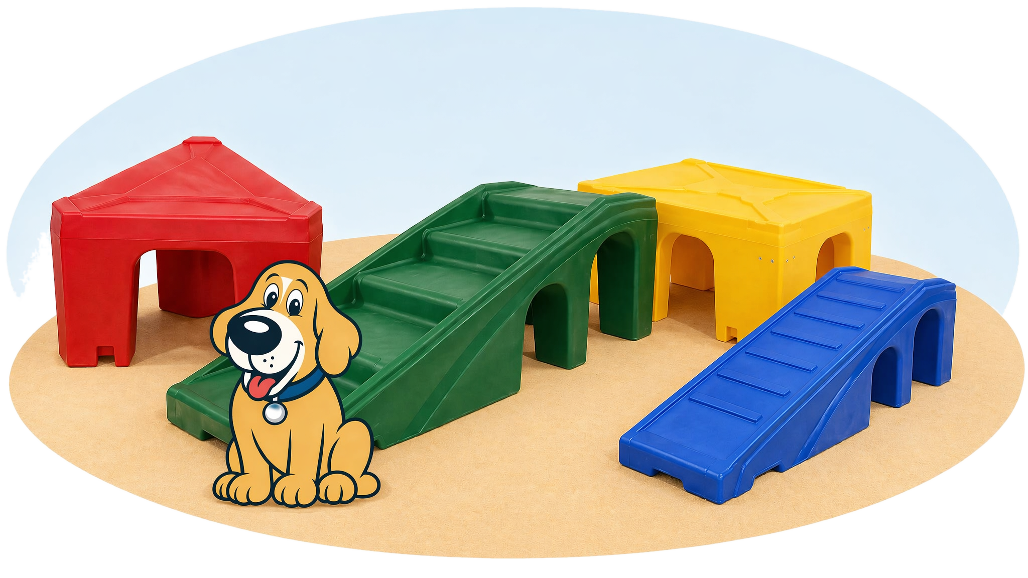 Puppy Playground stair, tabletop, bridge, ramp, and mascot